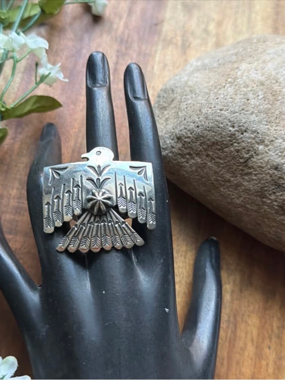 Navajo Sterling Silver Thunderbird Stamped Adjustable Ring Sunshine Reeves - Picture 10 of 12